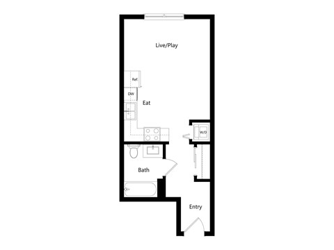 A floor plan of a small apartment with a living room, bathroom, and kitchen.